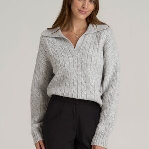 American Tall Johnny Collar Cable Knit Sweater for Tall Women in Grey Mix Size L